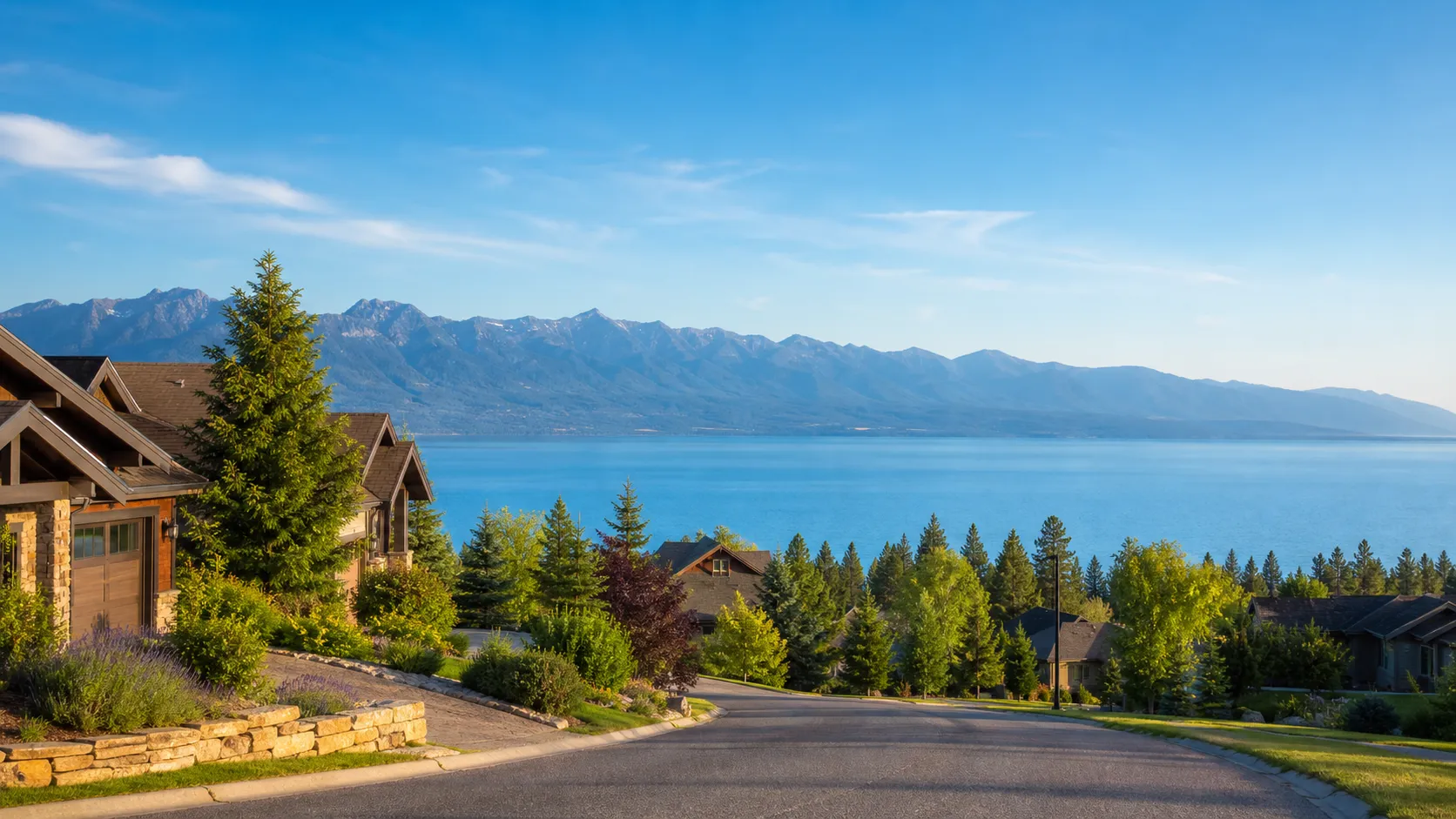 Homes overlooking Flathead Lake and Montana mountain ridges